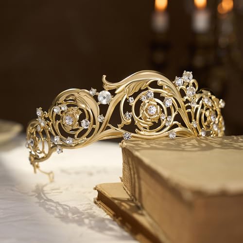 Classic Bridgerton Tiaras for Women, Royal Queen Crowns and Tiaras for Bride Wedding Bridal Birthday Quinceanera Pageant Party Prom,Halloween Costume Cosplay Accessories,Leilani Crystal Tiara,Gold