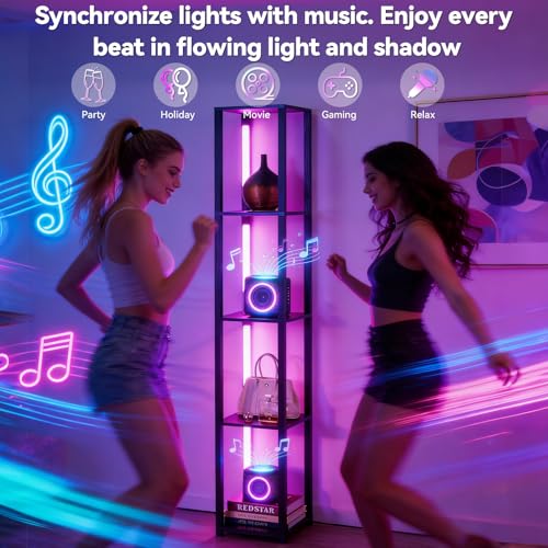 Black RGBWC Floor Lamp with Shelves - Smart Color Changing & Music Sync