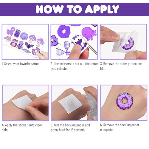 Cute Purple Temporary Tattoos Dark Purple Birthday Party Decorations Favors Supplies Violet Themed Cute Stickers 10 Sheets 100 PCS Gifts for Baby Girls Boys Decor Class School Carnival Christmas