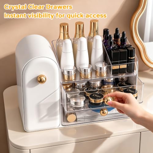 White Makeup Organizer for Vanity with Drawers & Brush Holder - Skincare Storage