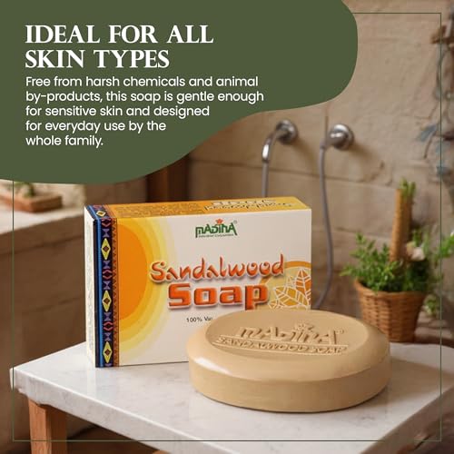 Madina Sandalwood Soap Bar ? Moisturizing, Gentle Cleanser, Aromatic Sandalwood, Vitamin E, Aloe Vera, 100% Vegetable-Based, For All Skin Types, 6 Pack (3.5 oz Each)