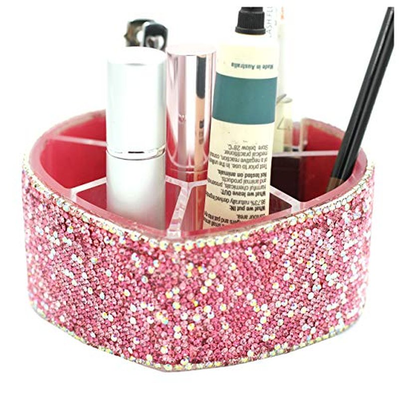 Desktop Cosmetic Storage Box 8-hole Heart-Shaped Bling bling Rhinestone Cosmetic Tools storage Box Jewelry Storage Box (Pink)