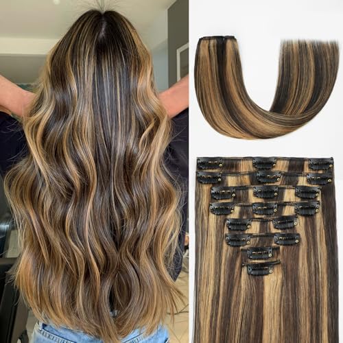 Clip in Hair Extensions Real Human Hair Balayage - Dark Brown to Chestnut Brown 18 Inch