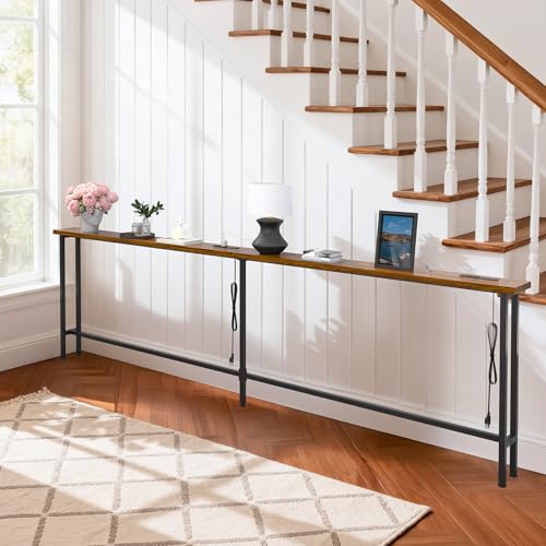 Rustic Brown 90-Inch Sofa Table with Built-In Power Strip and USB Ports