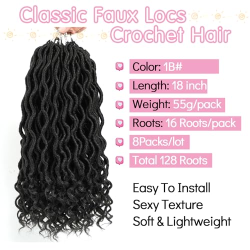 18 Inch Faux Locs Crochet Hair with Curly Ends - 8 Packs Boho Goddess Locs, Pre-Looped Wavy Faux Locs for Black Women (Variation: 1B#)