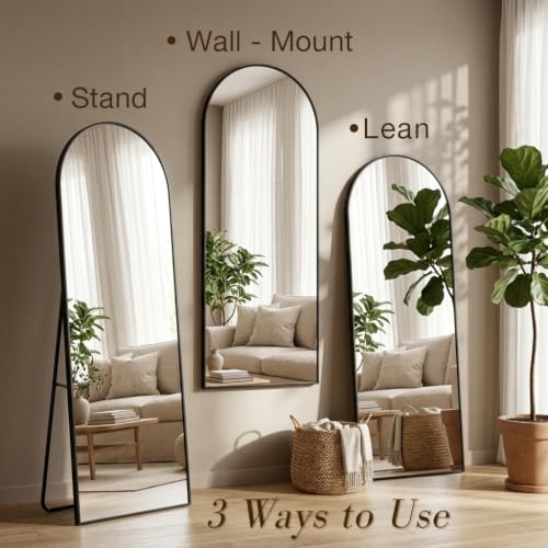 Full Length Floor Mirror with Stand - Arched Modern Design, HD Explosion-Proof Glass, Black 58x18 inches