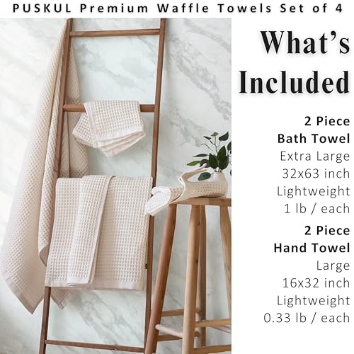 Püskül Natural Beige Turkish Cotton Waffle Towels Set of 4 - Undyed & Organic