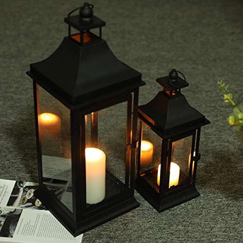 Vintage Outdoor Candle Lantern Set of 2 - Black, 13 and 19.5 Inches Tall