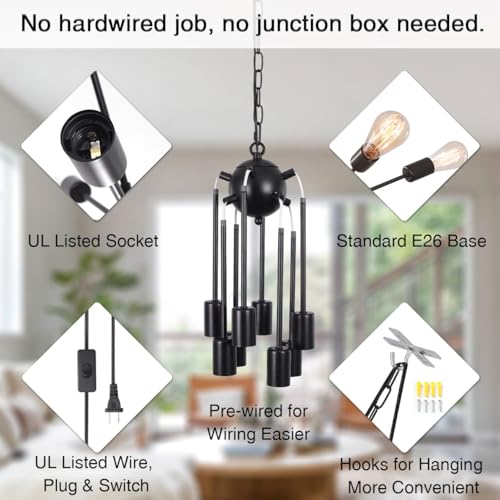 LASENCHOO 8 Lights Black Plug-in Chandelier with E26 Bulb Compatibility - Modern Sputnik Pendant Light Fixture