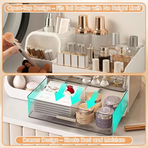 Makeup Organizer with Brush Holder for Vanity, Countertop Organizer with Drawers, Skincare Cosmetic Display Case for Beauty Essentials, Women Bathroom Make up Storage Solution for Dresser Counter