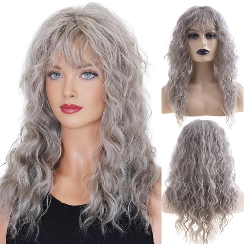 Long Curly Wavy Synthetic Wig for Women with Bangs - Grey, Heat Resistant, Halloween & Party Hair