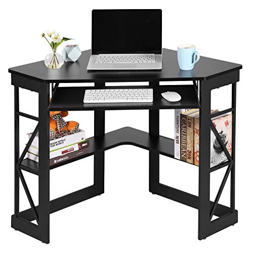 VECELO Corner Computer Desk 41 x 30 Inches with Keyboard Tray & Storage Shelves - Black