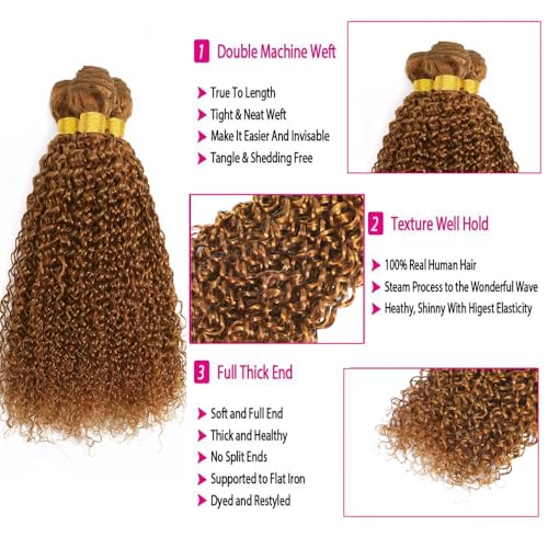 Light Brown Human Hair Bundles - Curly Brazilian Virgin Hair Pack 10 12 14 Inch