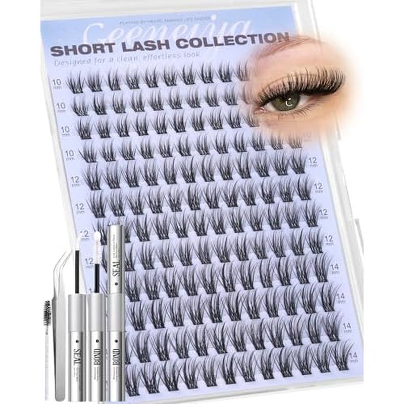 Geeneiya Natural Lash Clusters Kit Short Eyelash Clusters Kit 10-12-14MM Wispy Cluster Lashes C Curl Cluster Eyelash Extensions Clean Girl Makeup Lash Extension Kit with Waterproof Lash Bond and Seal