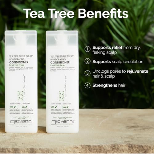 GIOVANNI Tea Tree Triple Treat Invigorating Conditioner - Cooling Peppermint, Eucalyptus, Rosemary, Helps Dry Flaking Scalp, Paraben Free, Helps to Moisturize, Smooth & Detangle- 8.5 oz (3 Pack)
