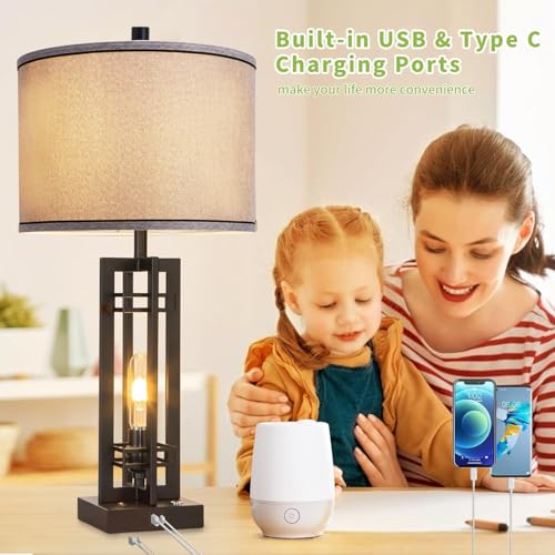 27-Inch Farmhouse Table Lamps Set of 2 with Gray Round Shade - Rustic Touch Control Decor