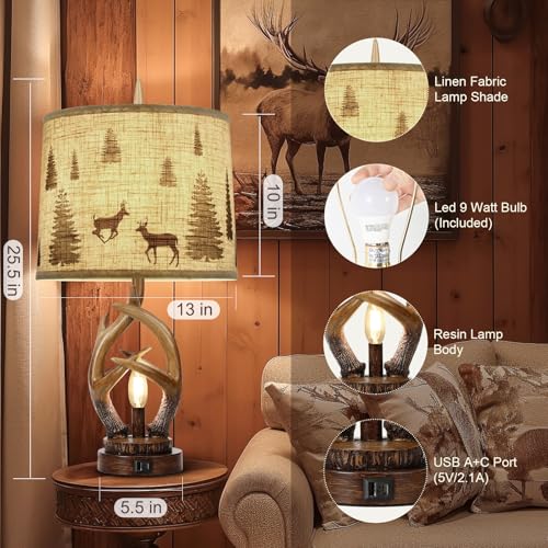 Rustic Farmhouse Antler Table Lamp Set of 2 with Night Light - Brown