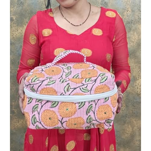 Rastogi Handicrafts Quilted Floral Cosmetic Bag, Organizer Bag Patterns, Striped Handle, Zipper Closure, Travel Make up Storage (Orange)