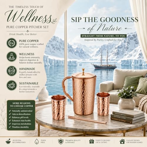Taluka Handcrafted Copper Water Pitcher with Lid & Tumblers - 70oz / 2000ml