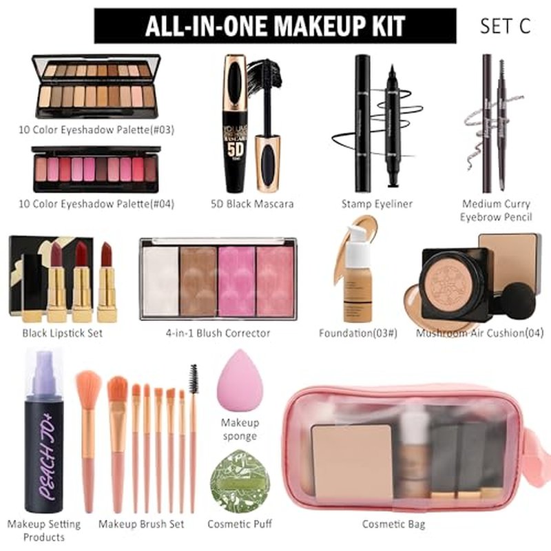 All in One Makeup Kit for Women Full Kit,Travel Makeup Kit for Teens,Make Up Gift Set with Everything,Foundation Eyeshadow Lipstick Eyebrow Blush Powder, Christmas Make Up Gift Set for Women-E