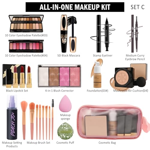 All in One Makeup Kit for Women Full Kit,Travel Makeup Kit for Teens,Make Up Gift Set with Everything,Foundation Eyeshadow Lipstick Eyebrow Blush Powder,Thanksgiving Make Up Gift Set for Women-E