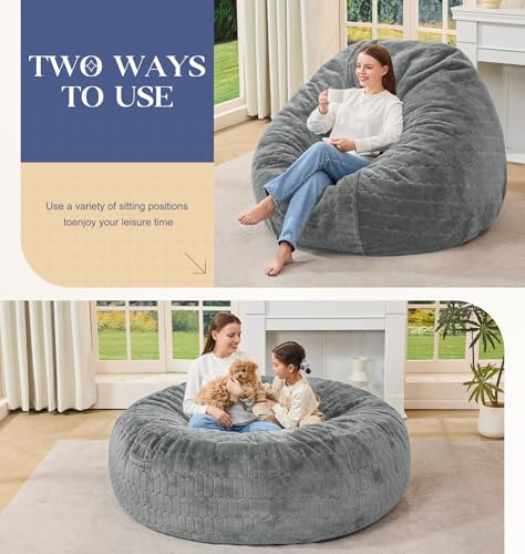 Giant 6FT Adult Bean Bag Chair - Light Grey, Jumbo Lounger with Flip Support