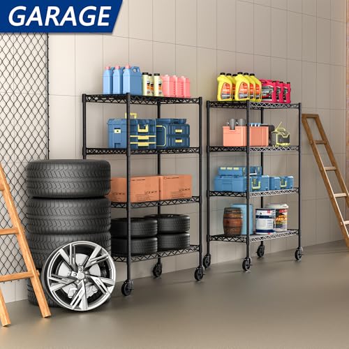 Adjustable Heavy Duty Wire Shelving Unit with Wheels - 4 Shelves, Black