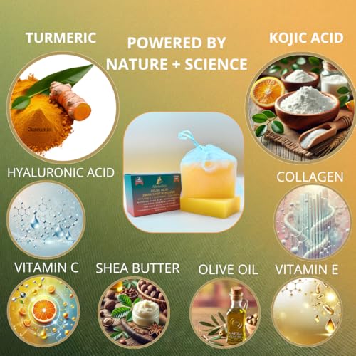 Altobello's Turmeric Kojic Acid Soap - Dark Spots Remover for Face & Body, Brightening Skin Lightening Bar with Vitamin C, Collagen, Hyaluronic Acid - 2 Bars + Exfoliating Net.