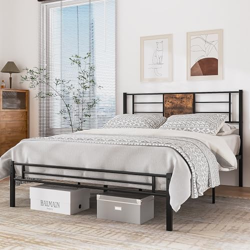 Queen Size Bed Frame with Headboard and Metal Slats - Black & Brown, 1-Pack