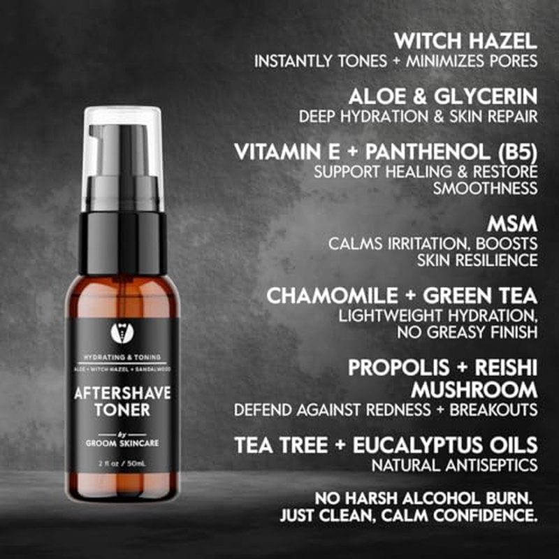 GROOM After Shave Toner for Men | Soothing, Pore-Tightening Formula with Aloe, Sandalwood, Chamomile & Vitamins A+E | Calms & Tones Skin | 2 oz