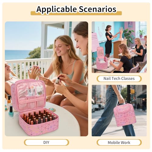 CUBETASTIC Triangle Pink Nail Polish Organizer Bag - Holds 27 Bottles & Lamp, Travel Manicure Case