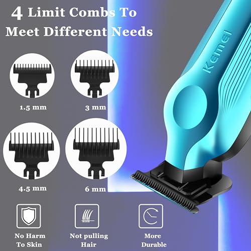 KEMEI Hair Trimmer for Men, Zero Gapped Cordless Hair Clippers Beard Trimmers with T Blade, Rechargeable Barber Clippers with LED Display, Blue
