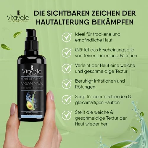 VITAVELLE Hydrating Face Mask ? Hyaluronic Acid Moisturizer Mask Firming with Avocado Oil, Shea Butter, Aloe Vera and Jojoba Oil ? Vegan Face Mask with No Parabens ? Hydrating Face Masks Anti Aging