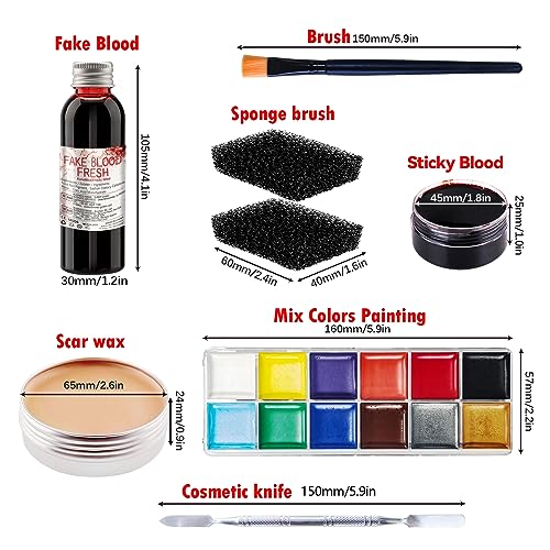 Professional Halloween SFX Special Effects Makeup Kits, Fake Blood, Scab Coagulated Blood Gel, 12 Colors Face Body Paint, Wound Modeling Scar Wax With Spatula Tool, Brushes, Stipple Sponge, Adhesive