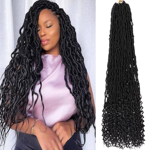 36 Inch Goddess Faux Locs Crochet Hair - 7 Packs Natural Black with Curly Ends