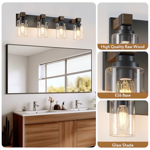 Farmhouse 4-Light Bathroom Vanity Light Fixtures - Black and Wood - Variation of Black and Wood / 4-Light