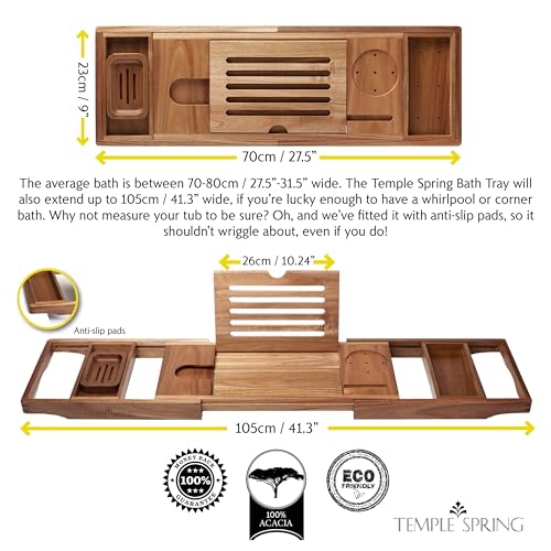 Temple Spring Wooden Bathtub Tray, Acacia Bathroom Accessories, Bath Tray for Tub, at Home Spa Essentials, Board for Tub Table, Bath Caddy for Bathtub Accessories & Bathroom Essentials - Not Teak