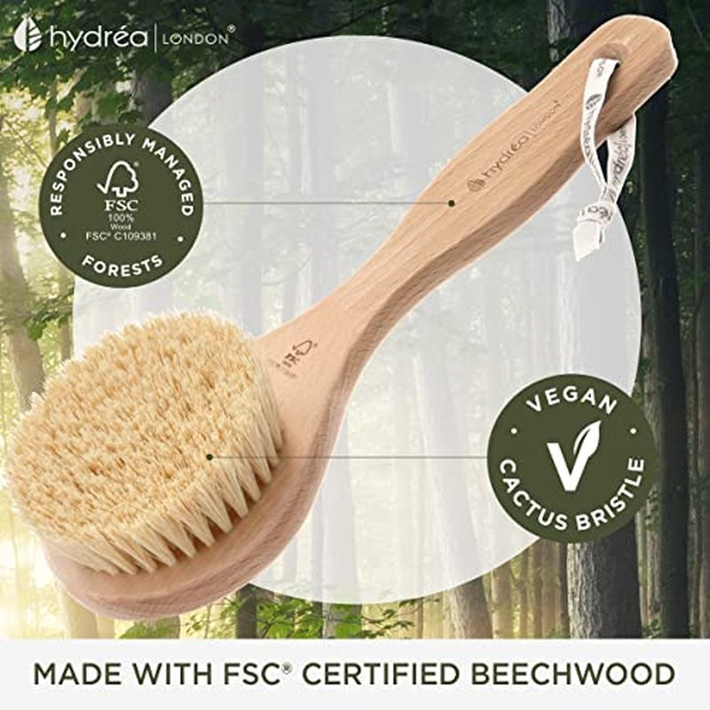 Hydrea London Dry Body Brush ? Premium Exfoliating Dry Skin Brush Cactus Bristle, Vegan Dry Brush Cellulite Remover, Exfoliating Body Scrubber for Lymphatic Drainage, FSC¢ç Certified Beechwood