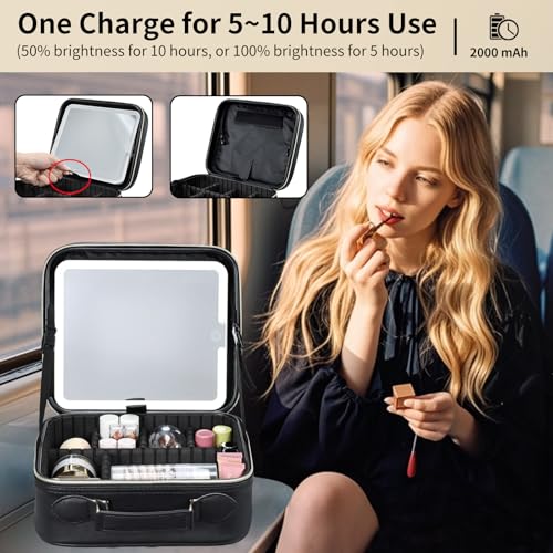 Faquenc Travel Makeup Bag with LED Lighted Mirror & Adjustable Dividers - Black