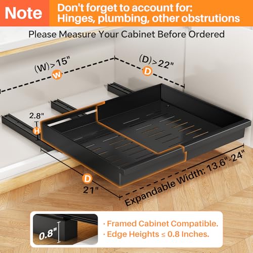 Black Expandable Pull Out Cabinet Organizer 2-Pack - 13.6-24 Inches Wide, 21 Inches Deep with Full-Extension Slides