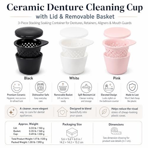 Pink Ceramic Denture Cleaning Cup with Lid & Removable Basket - Hygienic Soaking Container