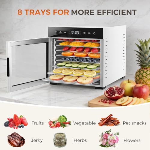 OLIXIS Silver Food Dehydrator Machine with 8 Large Trays, 185°F Temp, 24H Timer, 16.7x13.5x13.5in