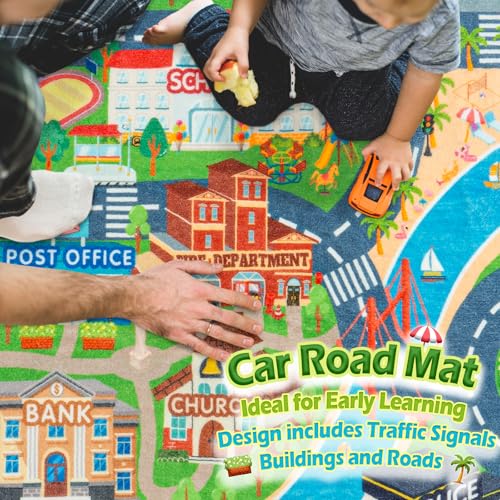 Green Town City 5x7 ft Car Play Mat for Kids Room - Traffic Road Rug for Imaginative Play