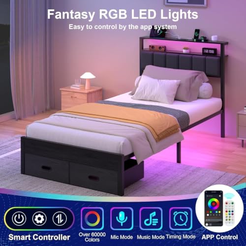 Twin Bed Frame with Storage Drawers, LED Lights & Charging Station