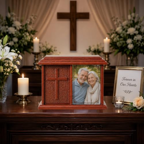 Double Companion Urn with Cross & Photo Frame - Holds Up to 400 Cubic Inches, Wooden Memorial for Husband & Wife - Variation: Cross