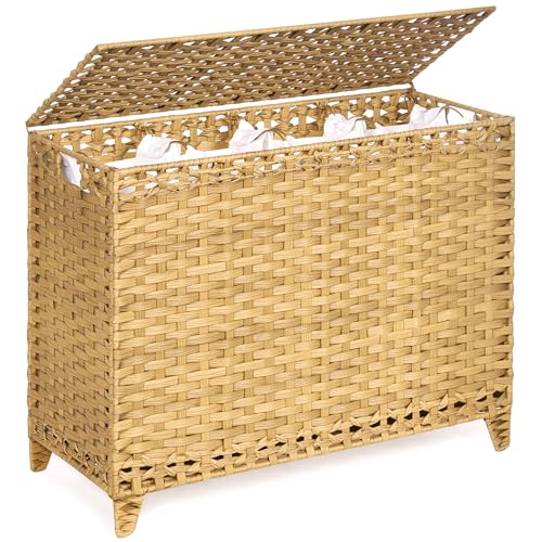 Laundry Hamper with 4 Removable Liner Bags - 176L Natural Rattan & Iron Frame - With Lid