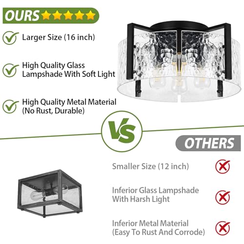 Black 16-Inch Semi-Flush Mount Ceiling Light with Hammered Glass Drum Fixture