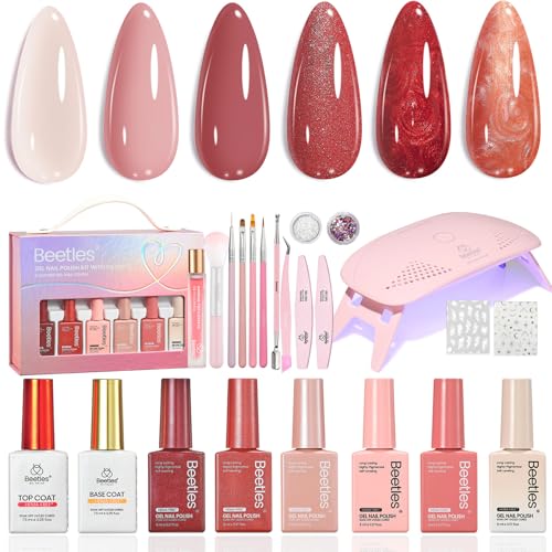 Beetles 22 Pcs HEMA-Free Gel Nail Polish Kit with U V Light - 6 Color Pink Nude Red Pearl White Gel Polish Set Ethereal Glow Gift-Ready Package DIY Salon Portable Manicure Kit Women Girls Teens Gifts