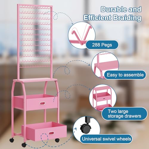 Portable Braiding Hair Rack with Wheels & Storage Drawers,2-Sided 288 Pegs,Hair Extension Holder Hanger for Braiding Hair Separator Stand Display,Hair Rack with Stylist Hair braiding Tools£¨Pink£©