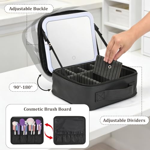 Yaliang Travel Makeup Bag with Lighted Mirror & 8 EVA Dividers, Black (Variation: Black-8 Dividers)